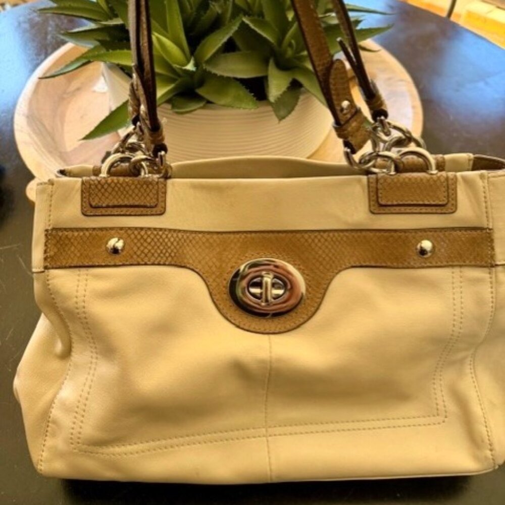 COACH VINTAGE PENELOPE IVORY LEATHER BROWN SNAKESKIN CARRYALL 🤎